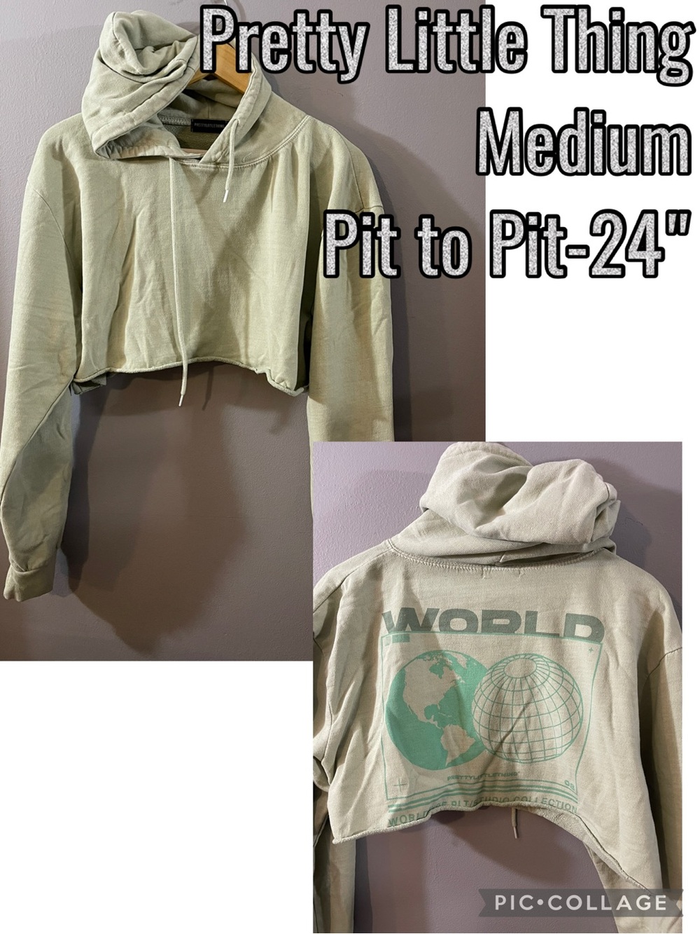 PrettyLittleThing Sage Green Cropped Hoodie with World Graphic